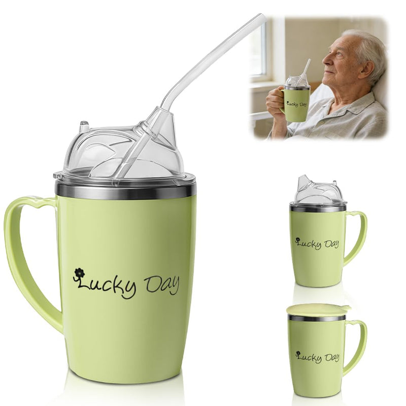 3 in 1 Beakers for Elderly 350ml, Non Spill Cups for Elderly, with 30cm Long Straw, Handle and Leakproof Lid, Adult Sippy Cups for Bedridden Seniors, Dysphagia & Disability Care Green