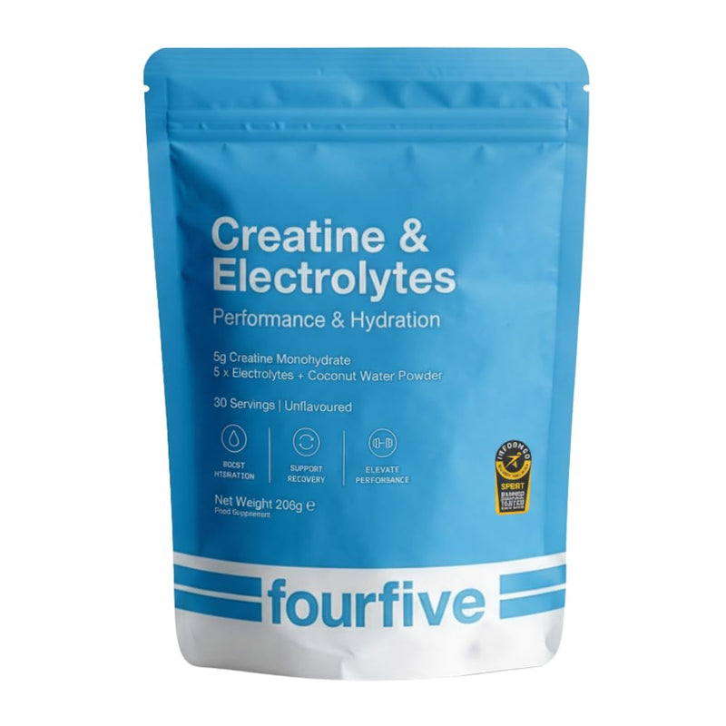 fourfive Creatine & Electrolytes Powder (Creatine Monohydrate) Easy Dissolve, Unflavoured & Vegan, Hydration & Strength Performance - 206g Pouch (30 Servings)