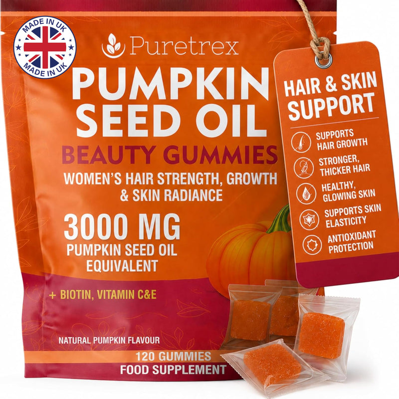 Puretrex Pumpkin Seed Oil Gummies 3000mg, UK Made Hair Growth Gummies for Women with Biotin Vitamin C & E, Vegan, Hair, Skin & Nails Beauty Gummies, Natural Pumpkin Flavour, 120 Gummies