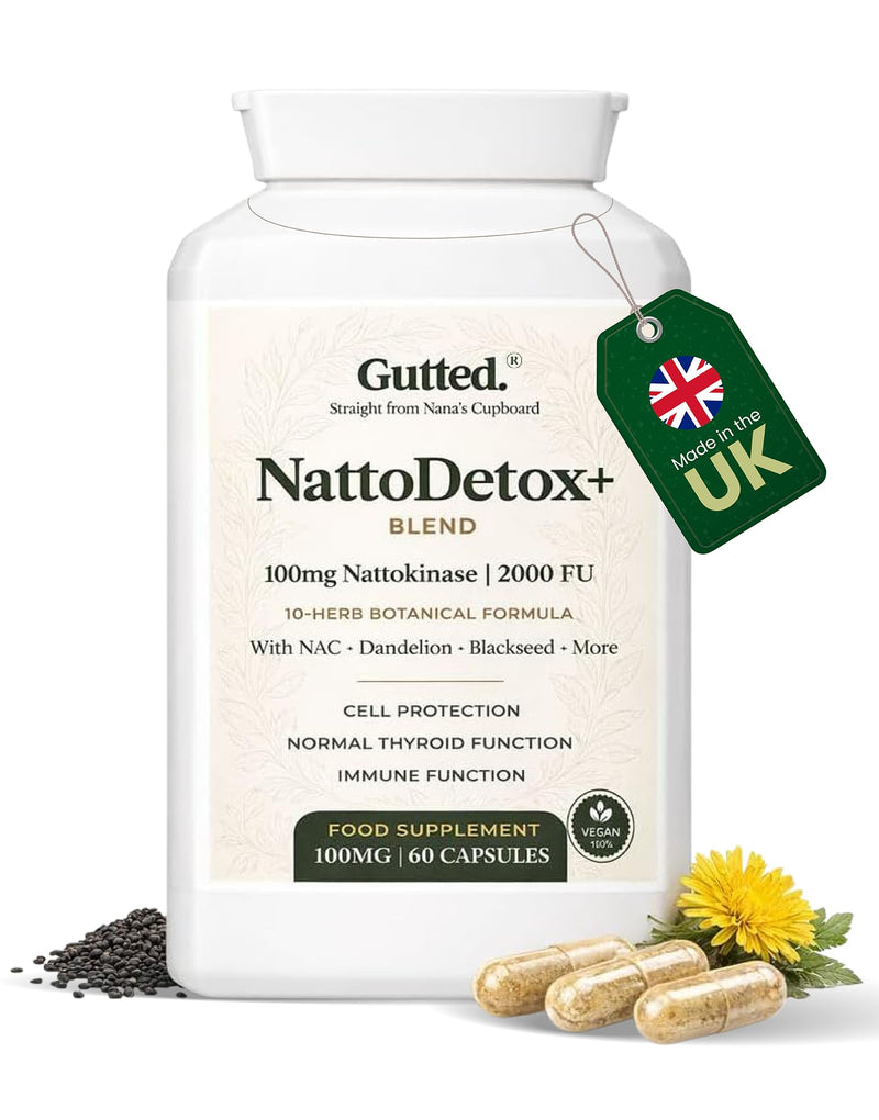 Gutted™ Nattokinase 100mg 2000 FU |High Strength, 60 Capsules,Enzymes | Heart, Blood Pressure & Circulation Support | Vitamin D, Black Seed, Selenium & Dandelion | Non GMO, No Fillers | UK