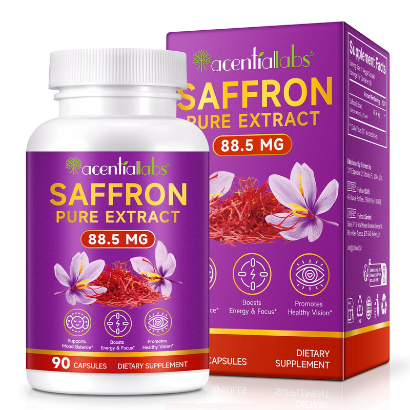 Saffron Capsules, Saffron Supplement 90 Count, Saffron Pure Extract 88.5mg, Supports Mood Balance, Boosts Energy & Focus, Promotes Healthy Vision