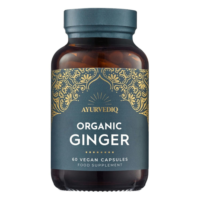 Ayurvediq Organic Ginger Root Capsules 600mg 100% Soil Association Organic Ginger Supplements High Strength Formula - Health and Wellbeing Supplements for Digestive Relief, Anti Inflammatory, 60 caps 60 count (Pack of 1)