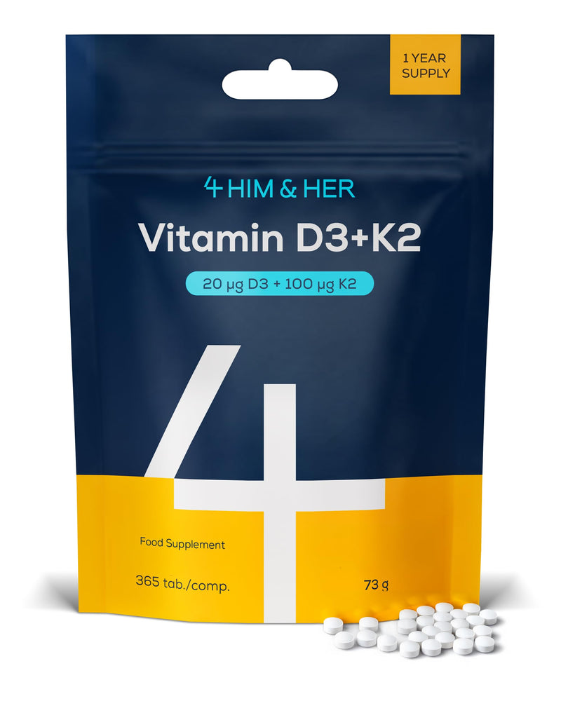 Vitamin D3 K2 Tablets (800 IU + 100µg MK7) – 365 Small Easy to Swallow UK Made Vegan Vitamin D Supplement (1 Year Supply) – Bone Health, Teeth, Muscle & Immune – Cholecalciferol – 4 HIM & HER Vitamin D3 + Vitamin K2 (800IU + 100µg)