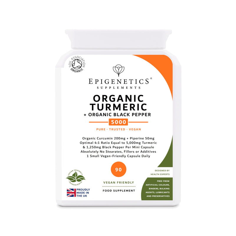 Organic Turmeric 5000mg + Organic Black Pepper 1250mg Per 1 Mini Capsule | Optimal Absorption 4:1 Ratio 95% Extract | UK Made Vegan 90 Servings (3 Months)