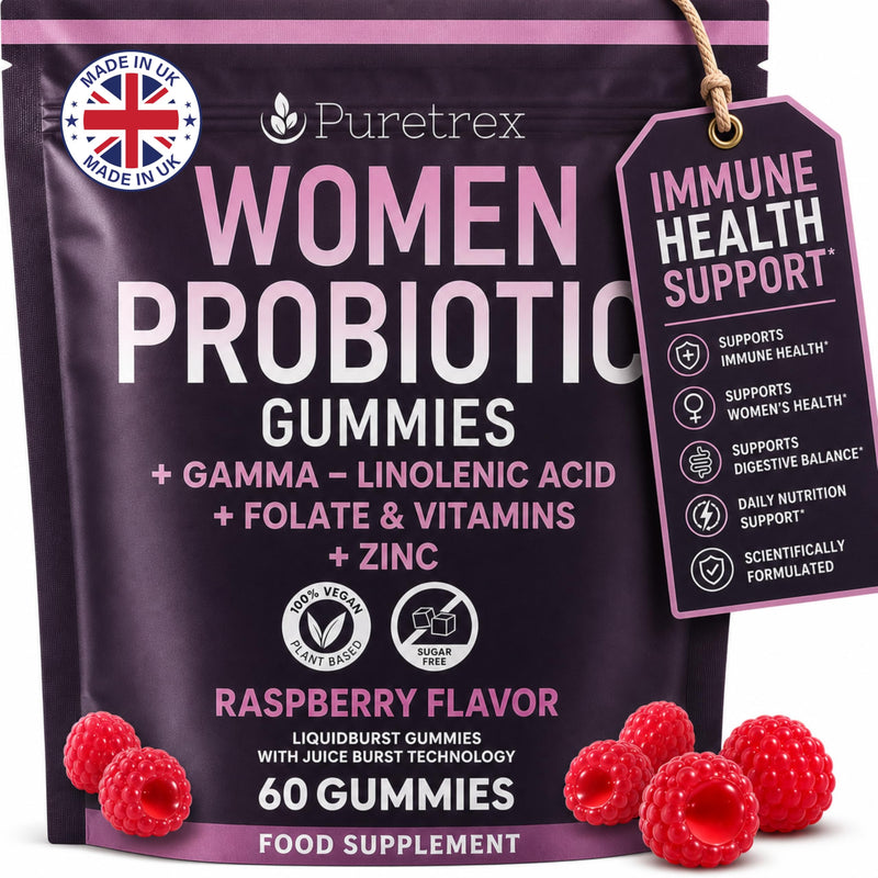 Puretrex Women’s Probiotic & Prebiotic Gummies, Gut Digestive Vaginal & Immune Health Support, pH Balance & Bloating Relief, UK Made Vegan Gummies with Folate Zinc & GLA, 60 Gummies, 1 Month Supply
