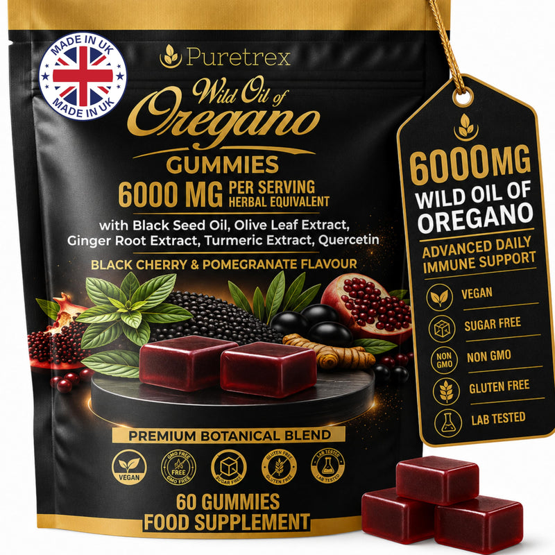 Oregano Oil Gummies 6000mg Herbal Equivalent with Black Seed Oil, UK Made Wild Oregano Oil Immune Support Gummies with Olive Leaf, Ginger, Turmeric, Vitamin C, Zinc & Black Pepper, Vegan 60 Count
