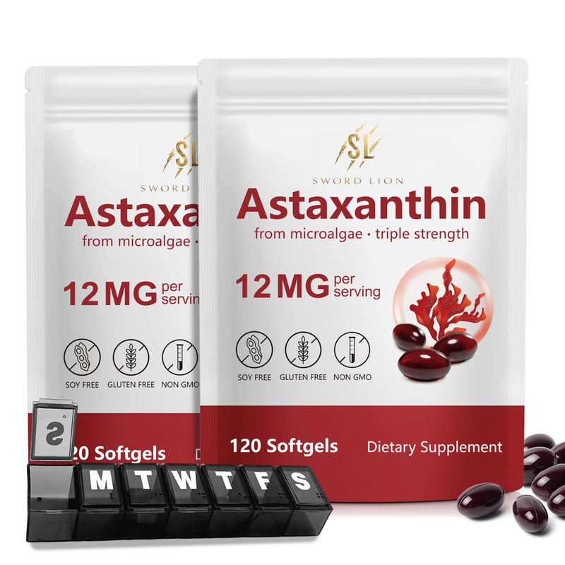 Astaxanthin 12mg Supplements, Astaxanthin High Strength Antioxidant Supplement, 120 Softgels 2 Pack, Supports Eye, Skin, Joint, Heart, Brain & Immune Health, No Gluten,Non-GMO with Pill Organizer