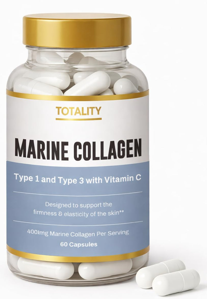 Totality Marine Collagen Capsules – Type I & III with Vitamin C, 400mg Per Serving – 60 Capsules, 30-Day Supply – Skin, Hair, Nail & Joint Support from Wild-Caught Marine Source