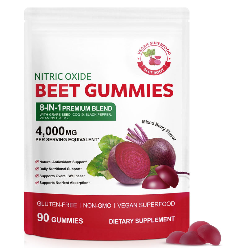 Beet Root Gummies 8-in-1 Premium Blend with Grape Seed, CoQ10, Vitamins C & B12 4000 mg Beet Equivalent Per Serving, Mixed Berry Flavor, 90 Gummies