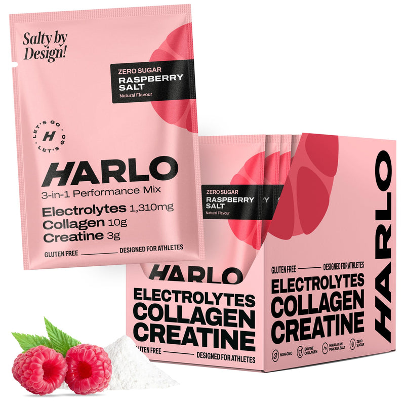 Harlo 3-in-1 Electrolytes Powder with Creatine & Collagen – Hydration, Muscle & Joint Support | Zero Sugar | 15 Sachets (Raspberry) Raspberry