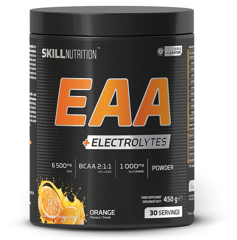 Skill Nutrition EAA + Electrolytes - Orange Flavour | 6.5 g EAA per Serving | BCAA 2:1:1, 1000 mg L-Glutamine, Electrolytes & AstraGin® | Powder Supplement | 450 g