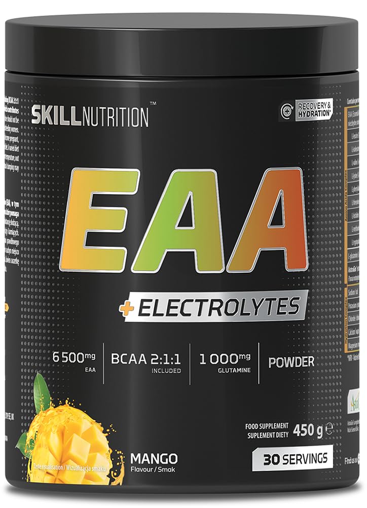 Skill Nutrition EAA + Electrolytes - Mango Flavour | 6.5 g EAA per Serving | BCAA 2:1:1, 1000 mg L-Glutamine, Electrolytes & AstraGin® | Powder Supplement | 450 g