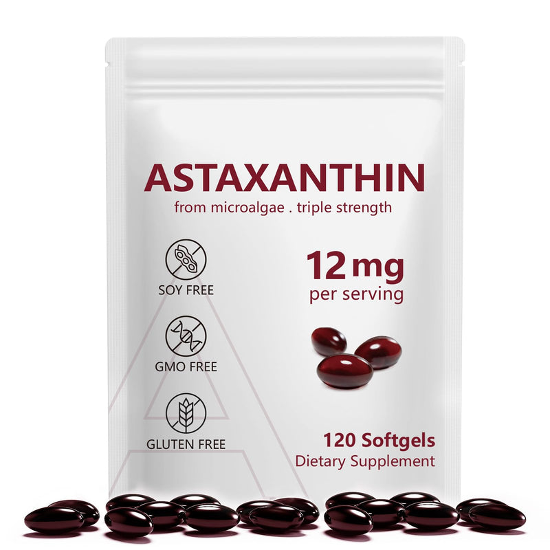 Astaxanthin Supplements 12mg 120 Softgels,Premium Astaxanthin Antioxidant Supplements,Fresh Microalgae Source,High Absorption for Eye & Skin Support,Natural Formula,Fresh Microalgae Source