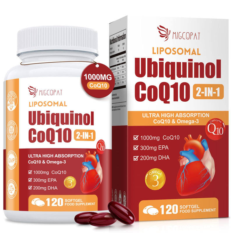 1000mg Liposomal CoQ10 Ubiquinol with Omega-3 Softgels, Advanced Coenzyme Q10 High Strength & Absorption, Naturally Fermented CoQ10 Supplement for Antioxidant, Heart & Energy Support - 120 Count