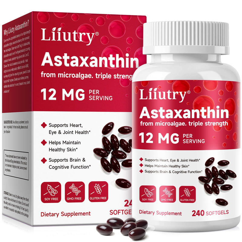 Astaxanthin Supplements, 240pcs Astaxanthin High Strength, Astaxanthin 12mg, Supports Eye, Skin, Joint, Brain, Heart & Immune System Health, Non-GMO & No Gluten