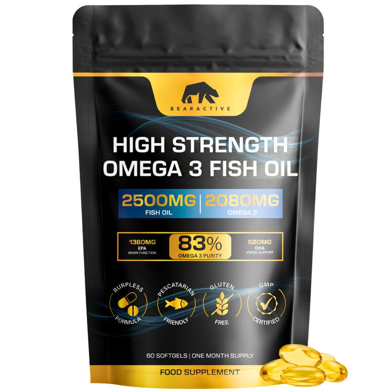 Omega 3 Capsules High Strength Fish Oil 2500mg – 2080mg – 83% Omega-3 (1380 EPA & 520 DHA) – Burpless Pescatarian Softgels for Heart, Brain, Eyes & Joints – 60 Softgels