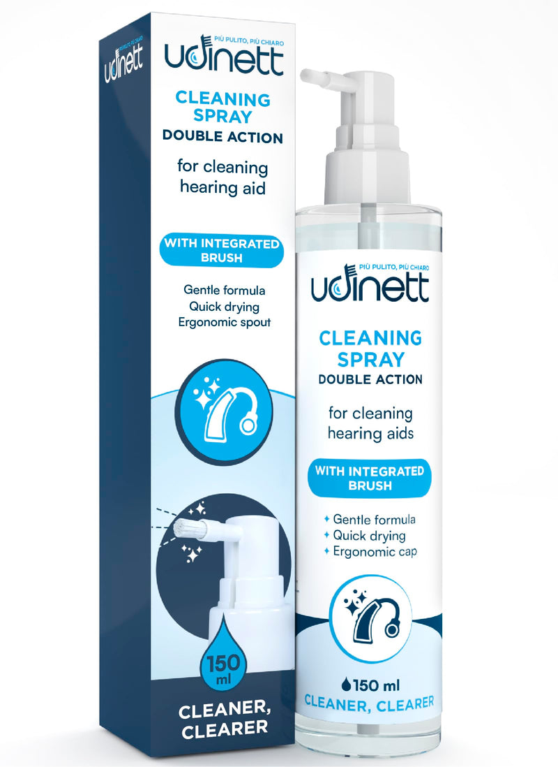 Hearing Aid Cleaning Spray 150ml with Included Brush - Udinett Quick Drying Eliminates Bacteria and Earwax Dust - Sanitizer for Daily Cleaning Earmolds Replacement Domes Earplugs