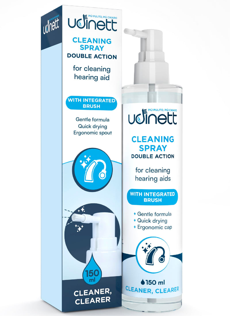 Hearing Aid Cleaning Spray 150ml with Included Brush - Udinett Sanitizer for Cleaning Earphones Bluetooth Headphones - Eliminates Earwax and Dirt with Immediate Effect Alcohol-Free Formula