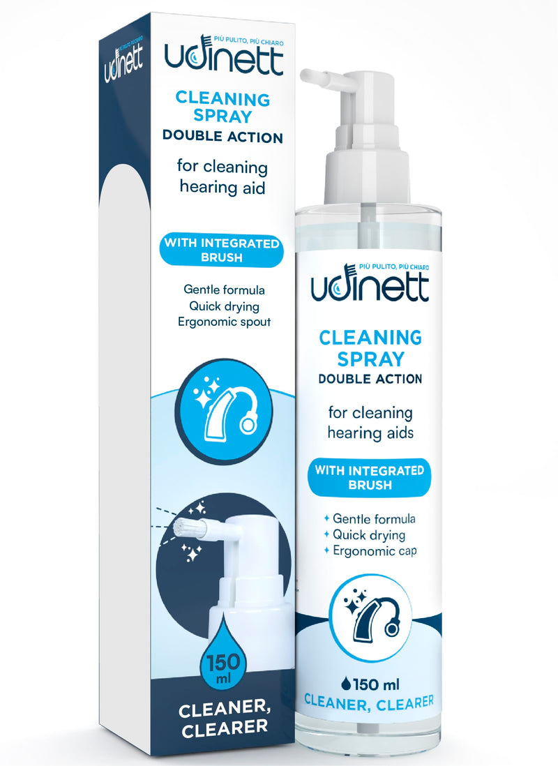 Hearing Aid Cleaning Spray 150ml with Integrated Brush - Udinett Quick Drying Eliminates Earwax Dust and Bacteria - Sanitizer for Cleaning Earphones Bluetooth Headphones
