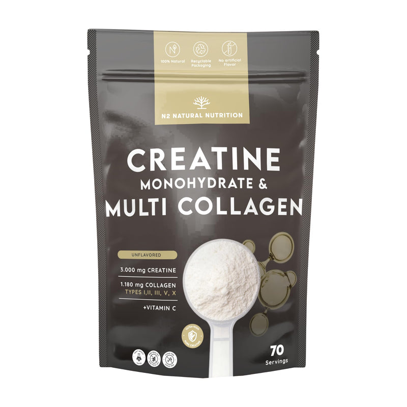Creatine Monohydrate Powder+ Multi Collagen with Vitamin C (70 Doses) 3000mg Creatine Unflavored + Collagen I, II, III, V and X. Supplement for Strength, Power & Performance. N2 Natural Nutrition