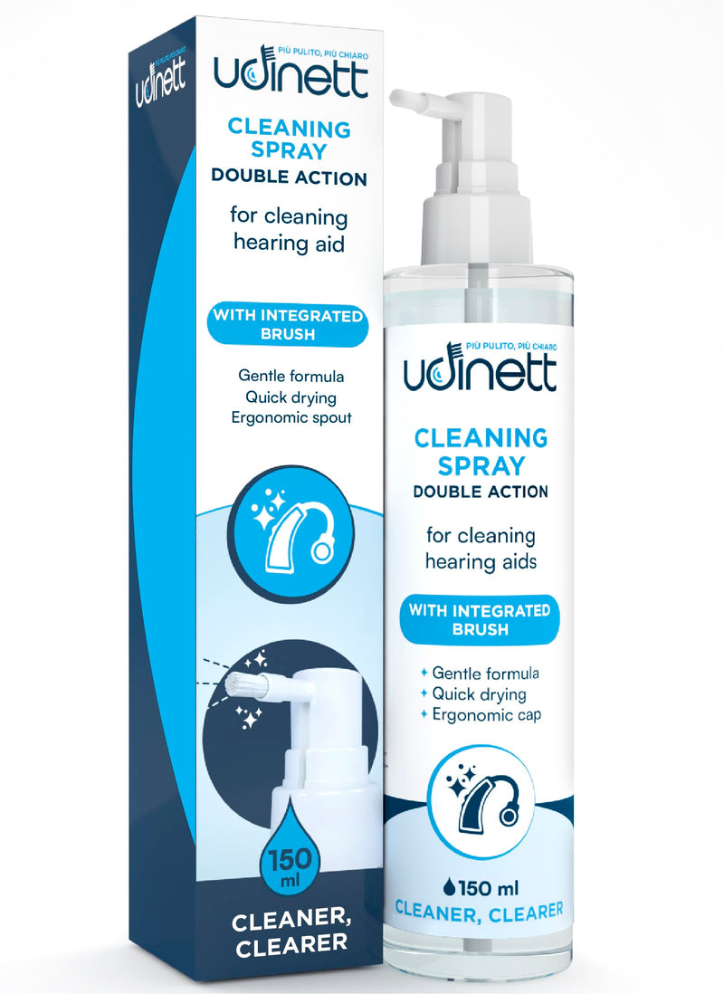 Hearing Aid Cleaning Spray 150ml with Integrated Brush - Udinett Sanitizer for Cleaning Earphones Bluetooth Headphones - Quick Drying Eliminates Earwax Dust and Bacteria