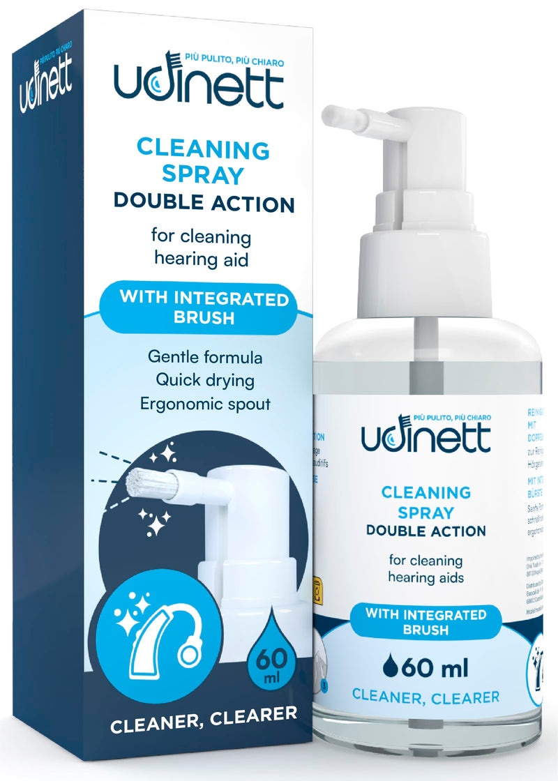 Hearing Aid Cleaning Spray 60ml with Included Brush - Udinett Quick Drying Eliminates Bacteria and Earwax Dust - Sanitizer for Daily Cleaning Earmolds Replacement Domes Earplugs