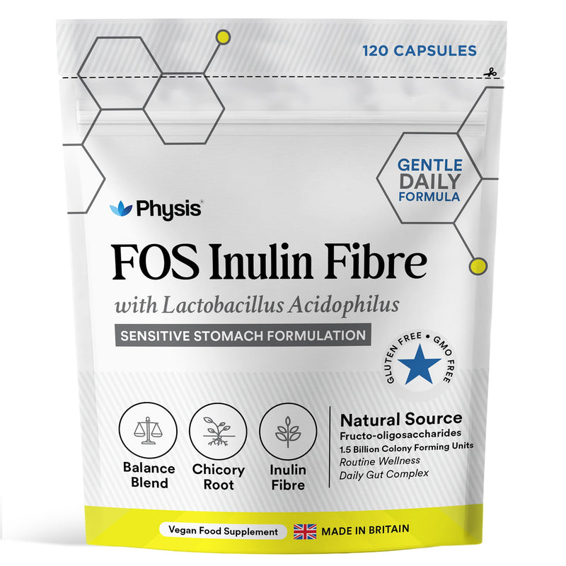 Physis Prebiotic Fibre with Probiotics | Senstivite Stomach Support | Chicory Root Fibre Supplement | Gut Health, Stool & Digestion | 120 Vegan Capsules | 4 Month Supply | Lactobacillus Acidophilus