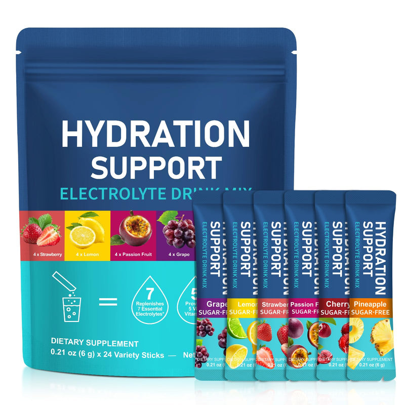 Rapid Rehydration Electrolytes Powder, Vitamin C, B3, B5, B6, B12 Supplement Sachet Drink, Sugar Free, Zero Calorie, Vegan Friendly, 6 Flavors,24 Pack
