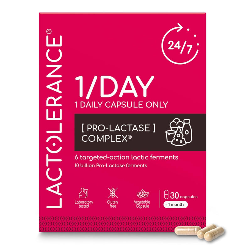 LACTOLERANCE 1/Day | Daily Probiotic for Lactose Intolerance | 10 Billion CFU Lactase Precursor | 24h Dairy Digestion Support | Only 1 Capsule Per Day | 30 Vegetarian Capsules Neutra
