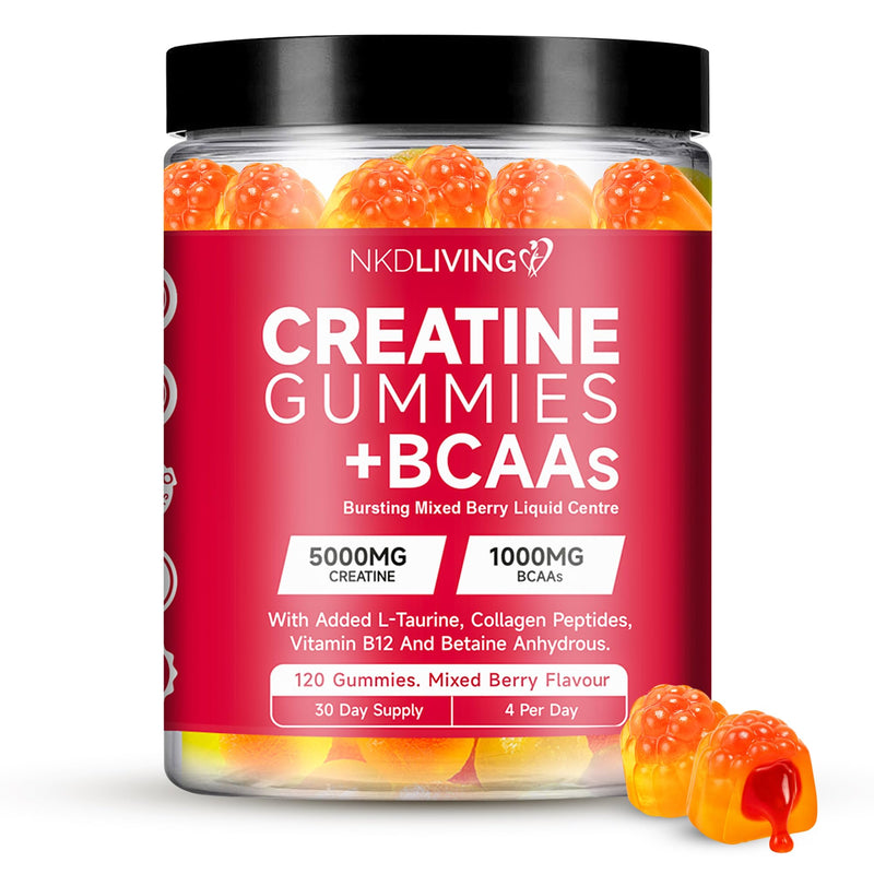 NKD Livng All-in-One Creatine Gummies - Mixed Berry Liquid Centre (120 Gummies)- 5g Creatine – BCAA 1000mg, L-Taurine, Collagen & B12 – Boost Muscle Strength. Chewable Pre-Workout Supplement