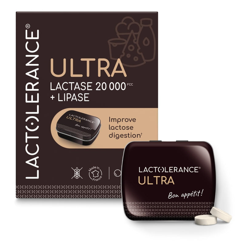 LACTOLERANCE Ultra | Lactase Tablets 20,000 FCC – High Strength with Lipase 500 UI – Lactose Intolerance Support for Dairy & Fatty Meals – 36 Chewable or Swallowable Tablets Unflavoured