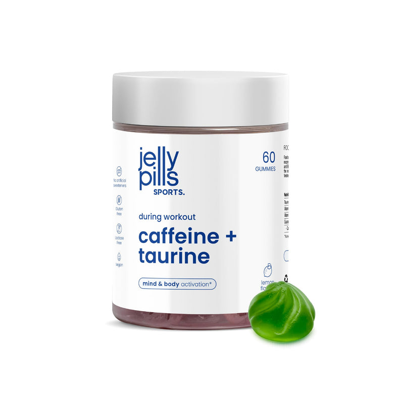 Jelly Pills Sports Caffeine Gummies with Taurine and Guarana - 60 Vegan Gummies - No Added Sugar - Lemon Flavour - Focus & Energy Before Training