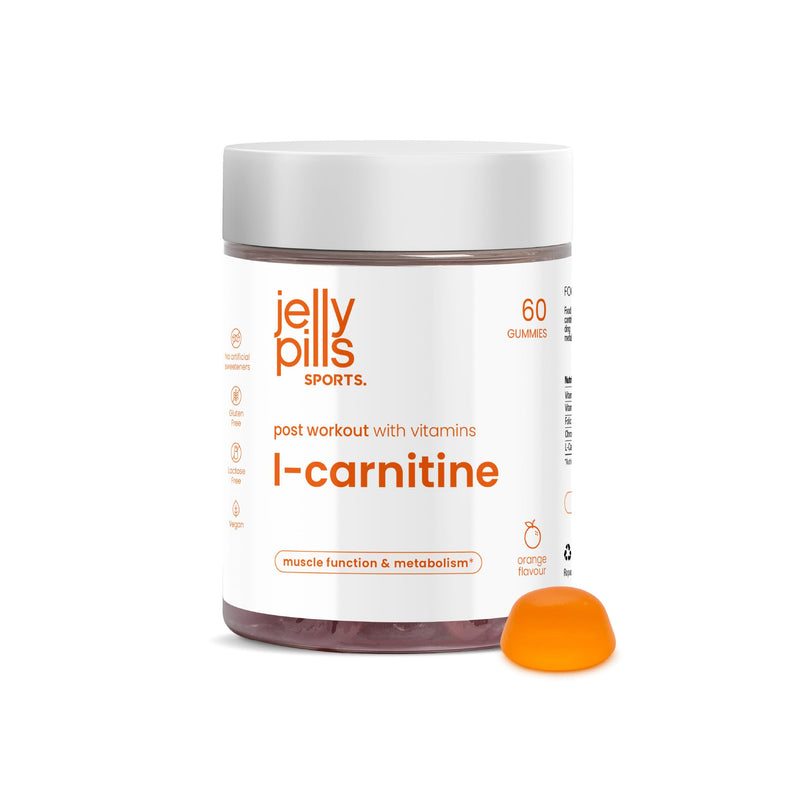 Jelly Pills Sports L-Carnitine - 60 Vegan Gummies - 400 mg L-Carnitine per Serving - Energy Metabolism and Muscle Function - Vitamins D3, B7, B9 and Chromium - Orange Flavour - 13.5 kcal per Gummy