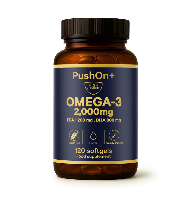 PushOn+ Omega-3 2000 mg Fish Oil Capsules – 120 Softgels – EPA 1200 mg & DHA 800 mg per Daily Serving – Food Supplement – 2 Months Supply