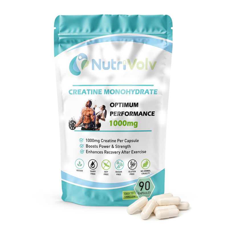 Creatine Monohydrate 1000mg | 90 Capsules | Supports Muscle Strength, Recovery, Power & Explosive Performance | Enhances Energy, Endurance & Training Intensity | High Strength | UK Made | by NutriVolv