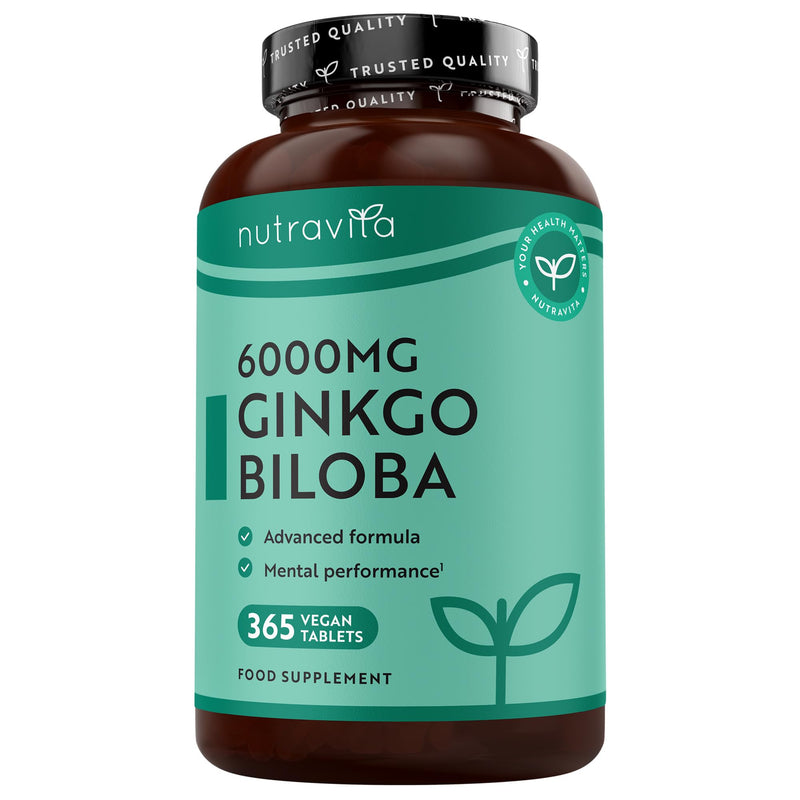 Nutravita Ginkgo Biloba 6000mg Vegan Tablets Enriched with Vitamin B5 – 365 Tablets – Ginko Biloba High Strength Supplement – 50:1 Extract - 1 Year Supply Pan-EU Label