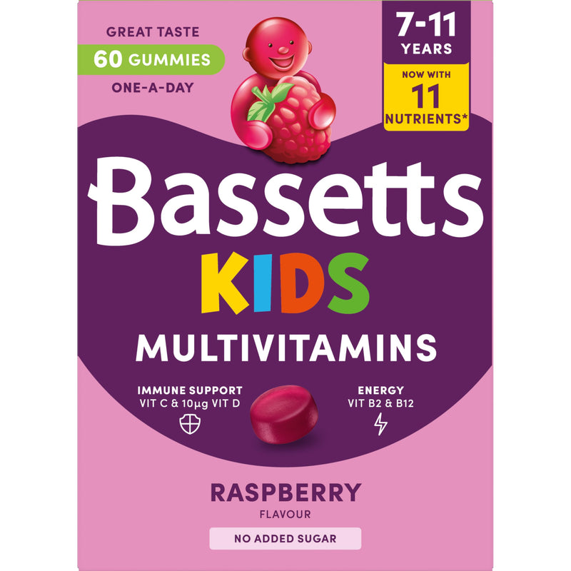 Bassetts Kids Multivitamins 7-11 Years Raspberry Flavour 60 Gummies 60 count (Pack of 1) New - 11 Nutrients 60 Gummies
