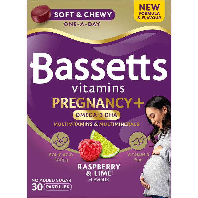 Bassetts Pregnancy+ Omega-3 DHA Multivitamins & Multiminerals Raspberry & Lime Flavour 30 Gummies 30 count (Pack of 1)