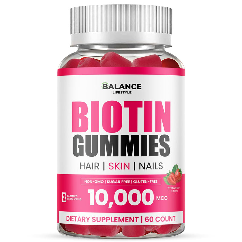 Biotin Gummies 10,000mcg, 60 Vegan Gummies with 7 Essential Vitamins for Hair, Skin & Nails Support, Strawberry Flavour Biotin Supplement Non-GMO, Gluten-Free (Strawberry)