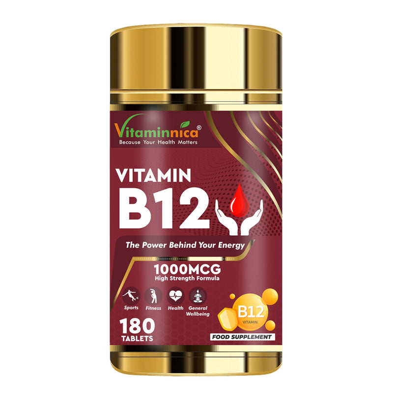 Vitaminnica Vitamin B12-180 Tablets – Energy & Vitality Support, Reduces Tiredness & Fatigue, Supports Nervous System & Red Blood Cell Formation