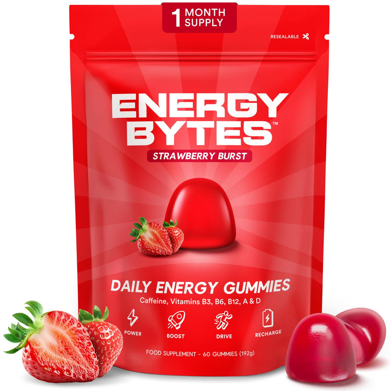 Energy Bytes Daily Energy Gummies – Fast Acting Caffeine Chews with Vitamins B3 B6 B12 A & D – Stay Focused and Energised Through Your Day – 60 Count