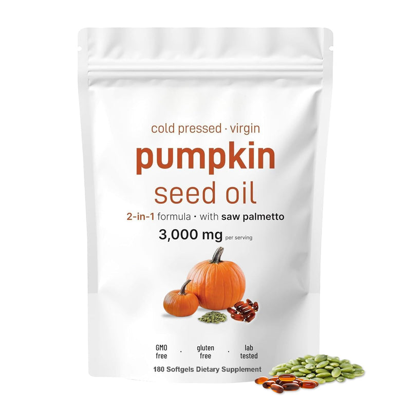 Pumpkin Seed Oil Capsules | Cold Pressed, Pure Virgin Oil, Essential Fatty Acids & Phytosterols 180 Softgels, Good for hair health | Non-GMO