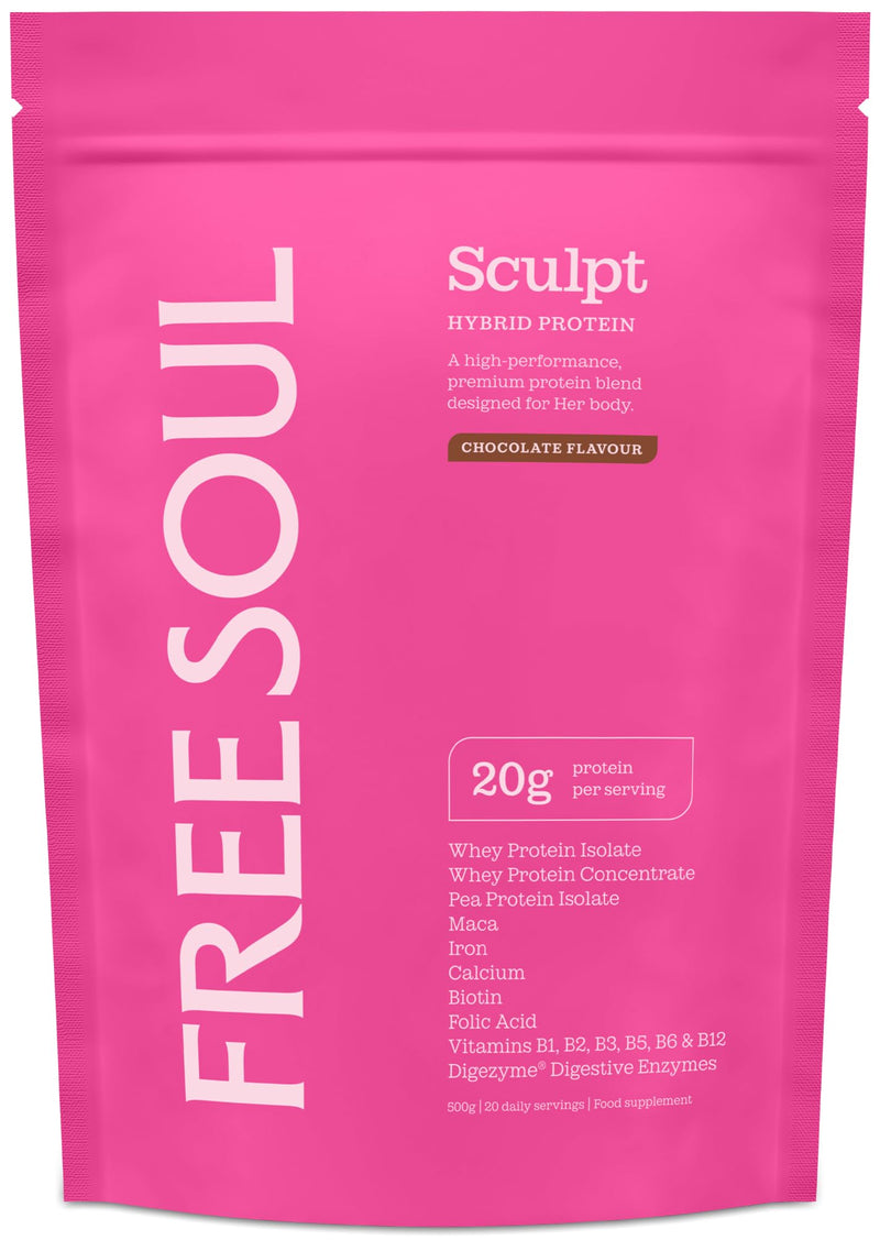 Free Soul Sculpt Protein Powder | 20g Protein | Hybrid Whey Protein | with Maca, Iron, Calcium, Biotin, B Vitamins & Digestive Enzymes | Chocolate Flavour | 20 Servings 500g