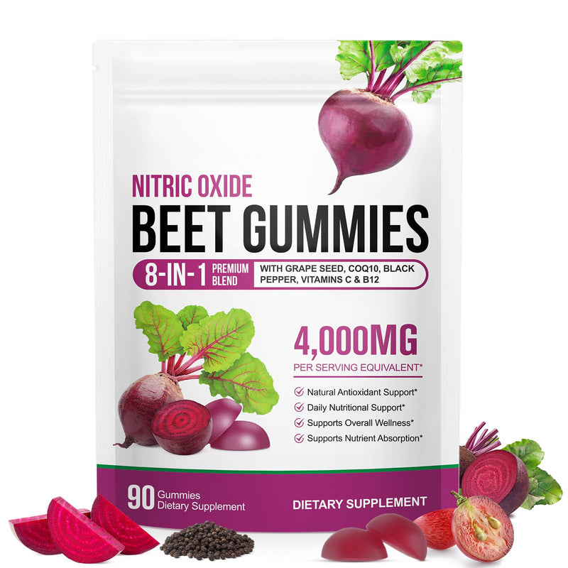 Beet Root Gummies, 90 Count Beetroot Gummies for Heart Health Support, Sugar Free, Extract Supplement with Vitamin C, B12, for Blood Pressure, Nitric Oxide Booster, Heart Health