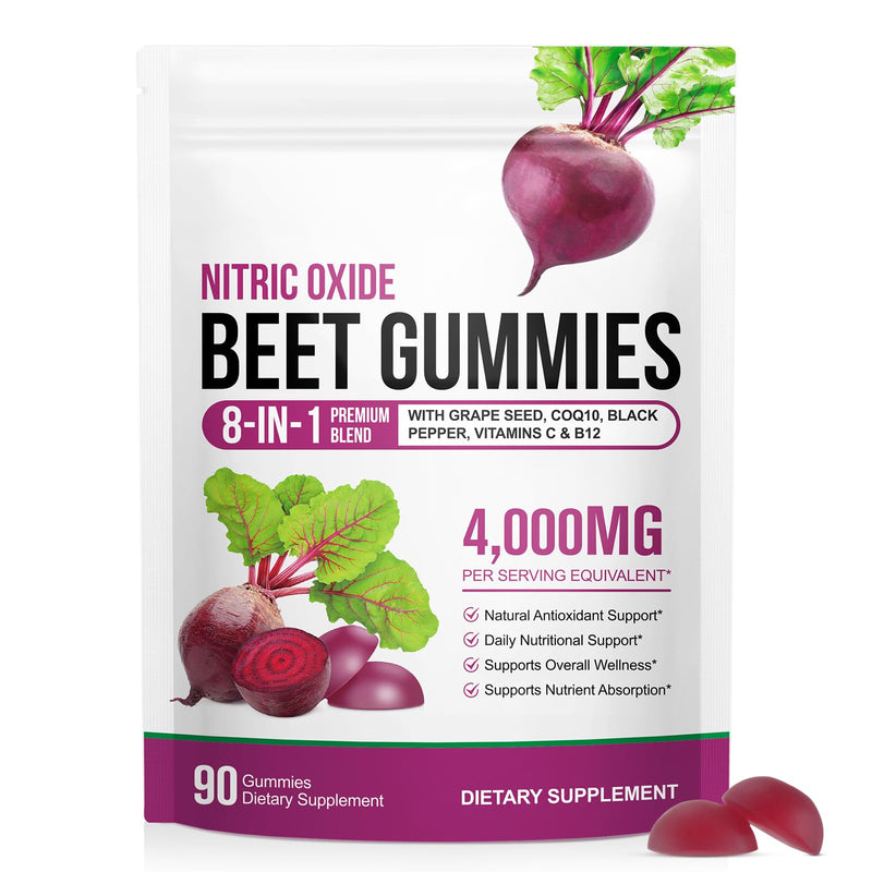 Beet Root Gummies, 8 in 1 Super Beet Root Supplement with CoQ10, Grape Seed Extract, Vitamin C and B12, Support Blood Pressure, Heart Health, Energy Level, 90 Chews