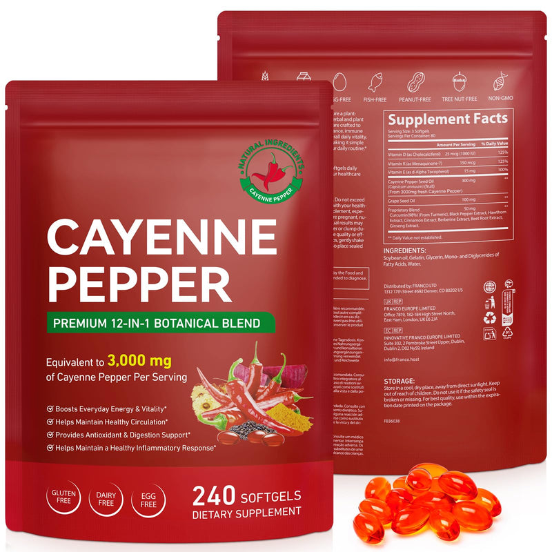 Cayenne Pepper Capsules 240 Softgels - 12-in-1 Capsaicin Supplements with Vitamin D3, K2 & E, Turmeric, Beet Root, Black Pepper Extrac - Supports Blood Circulation, Digestive Health, Daily Energy