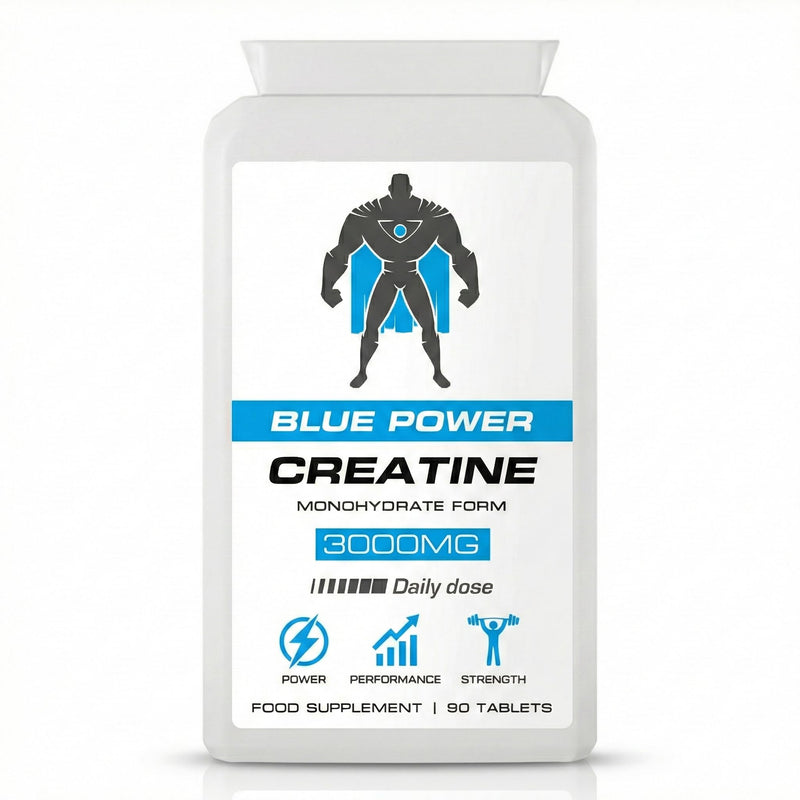 BLUE POWER Creatine Monohydrate Tablets 3000mg (3g) - 90 Tablets (30 Day Supply) - Small Scored Tablets, Titanium-Free Coating, Food Supplement