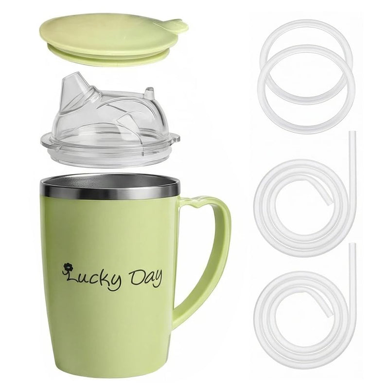 Adult Sippy Cup for Elderly, 3-in-1 Stainless Steel Non Spill Cups for Elderly with Long Flexible Straws & Dust Lid, Spill Proof Beaker 350ml