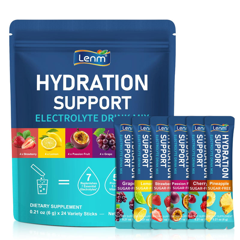 Hydration Support Electrolyte Powder – 24 Variety Sticks – 7 Essential Electrolytes & 5 Vital Vitamins – Sugar-Free & Low Calorie – Supports Energy & Reduces Tiredness