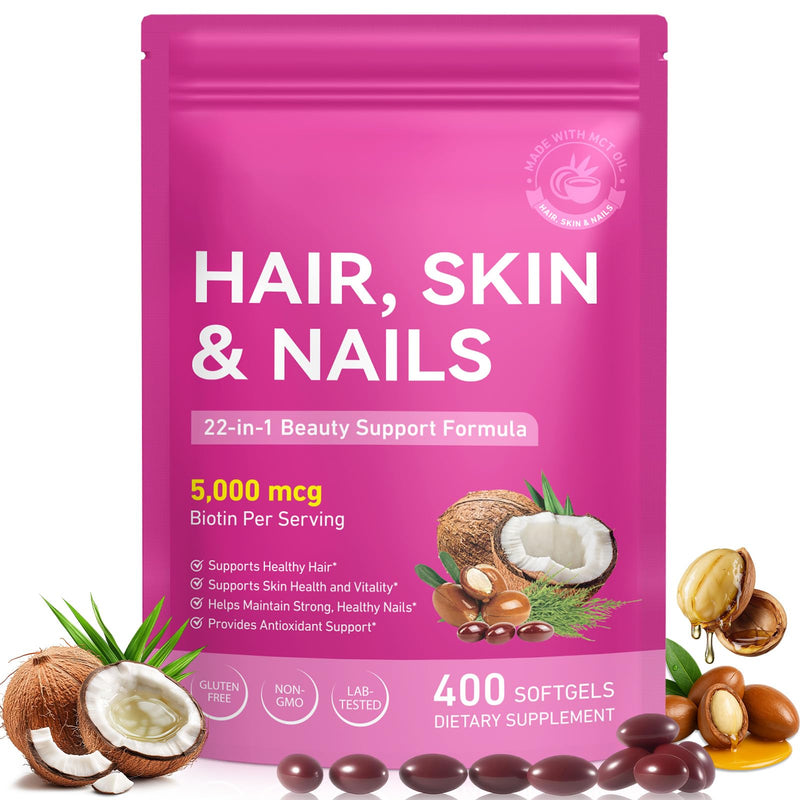 Biotin Hair Growth Supplement, Hair, Skin and Nails Vitamins Softgels, 22 in 1 5000 mcg Biotin, Collagen, Hyaluronic Acid, Keratin, Argan Oil, Vitamins A, C, E, & Complete B Vitamins- 400 Softgels